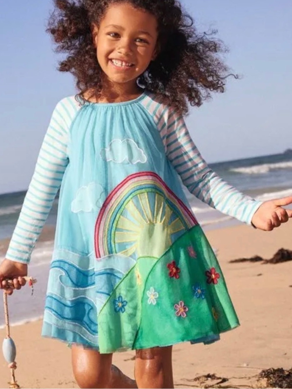 Mini Boden Turquoise Striped-Sleeve Rainbow & Ocean Dress